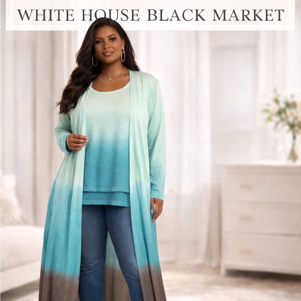 White House Black Market Ombre Mint, Teal , Brown Knit Top withMatching Duster